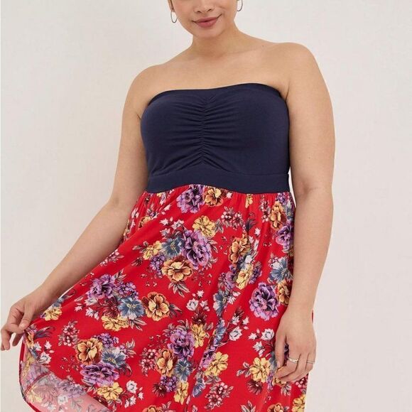 Torrid Mini Challis Strapless Hanky Hem Dress Floral Plus Size 3 - Picture 1 of 7